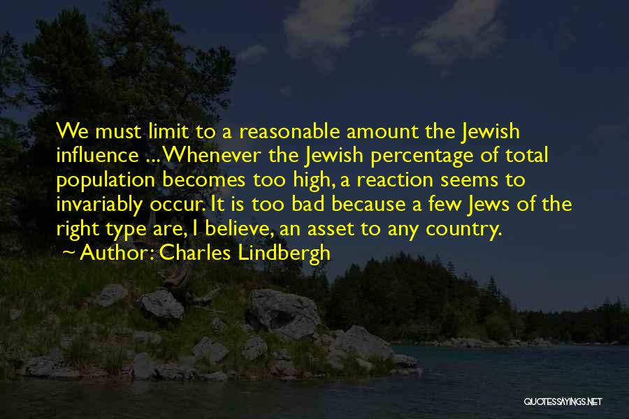 Charles Lindbergh Quotes: We Must Limit To A Reasonable Amount The Jewish Influence ... Whenever The Jewish Percentage Of Total Population Becomes Too