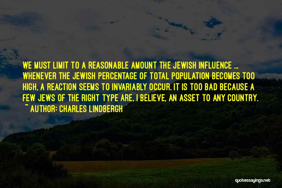 Charles Lindbergh Quotes: We Must Limit To A Reasonable Amount The Jewish Influence ... Whenever The Jewish Percentage Of Total Population Becomes Too