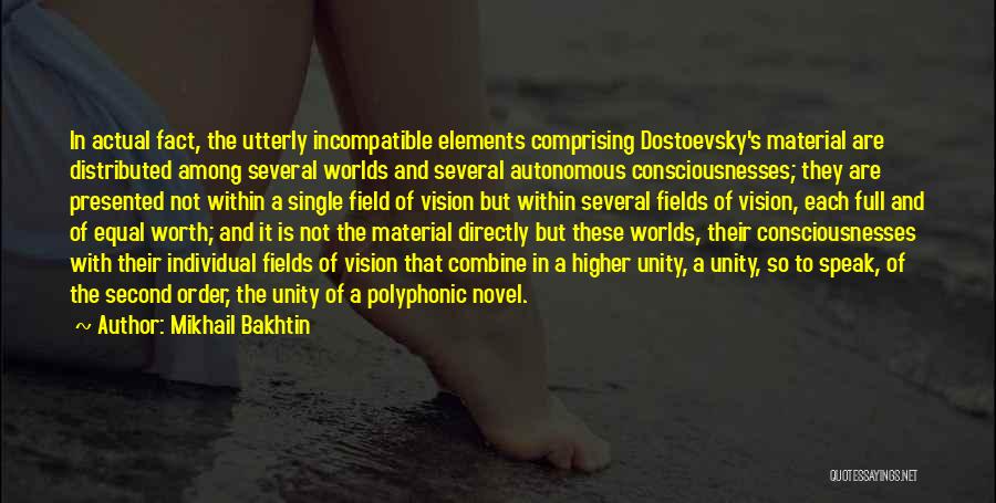 Mikhail Bakhtin Quotes: In Actual Fact, The Utterly Incompatible Elements Comprising Dostoevsky's Material Are Distributed Among Several Worlds And Several Autonomous Consciousnesses; They