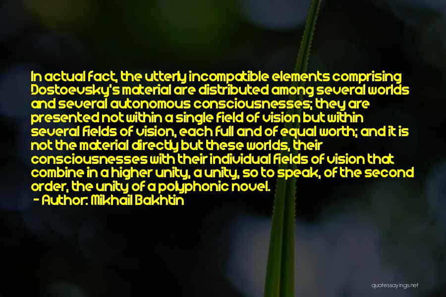 Mikhail Bakhtin Quotes: In Actual Fact, The Utterly Incompatible Elements Comprising Dostoevsky's Material Are Distributed Among Several Worlds And Several Autonomous Consciousnesses; They