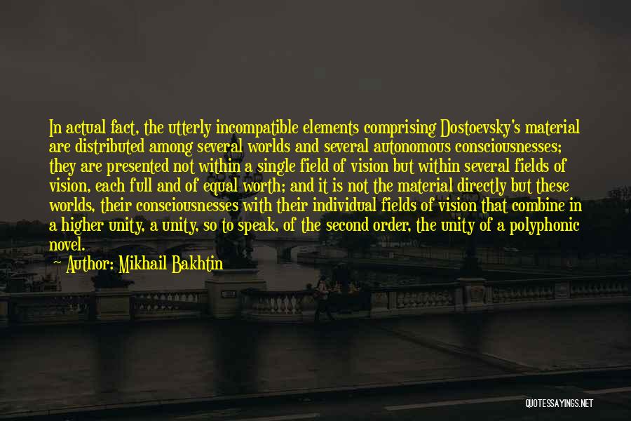 Mikhail Bakhtin Quotes: In Actual Fact, The Utterly Incompatible Elements Comprising Dostoevsky's Material Are Distributed Among Several Worlds And Several Autonomous Consciousnesses; They