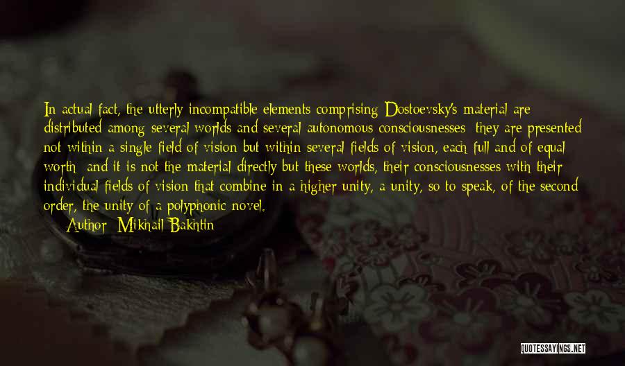 Mikhail Bakhtin Quotes: In Actual Fact, The Utterly Incompatible Elements Comprising Dostoevsky's Material Are Distributed Among Several Worlds And Several Autonomous Consciousnesses; They