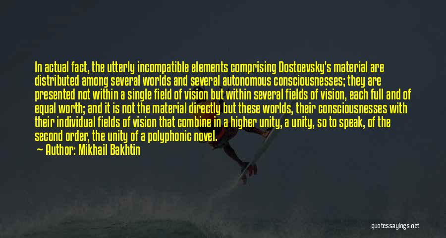 Mikhail Bakhtin Quotes: In Actual Fact, The Utterly Incompatible Elements Comprising Dostoevsky's Material Are Distributed Among Several Worlds And Several Autonomous Consciousnesses; They