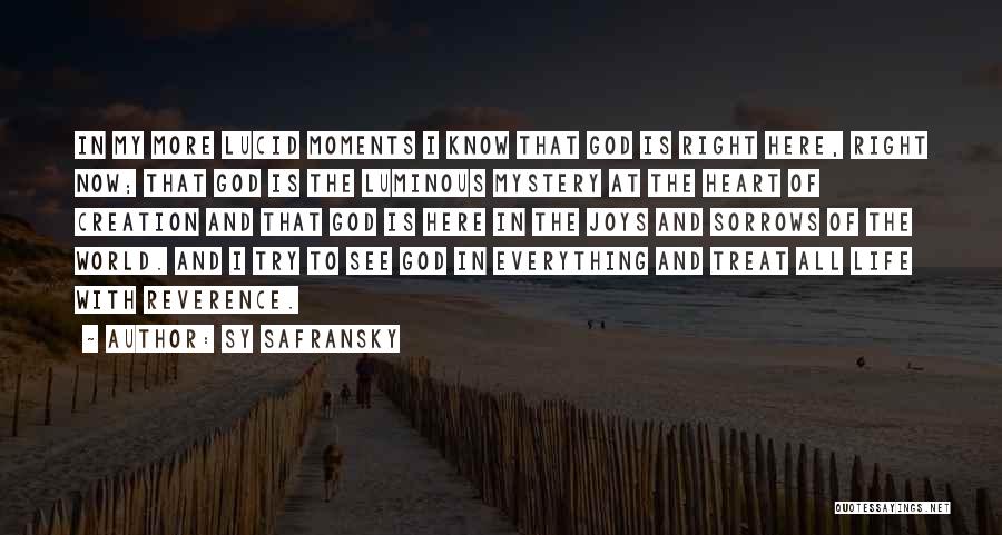 Sy Safransky Quotes: In My More Lucid Moments I Know That God Is Right Here, Right Now; That God Is The Luminous Mystery