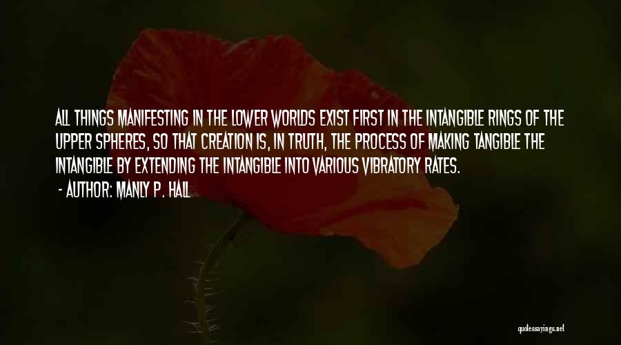 Manly P. Hall Quotes: All Things Manifesting In The Lower Worlds Exist First In The Intangible Rings Of The Upper Spheres, So That Creation