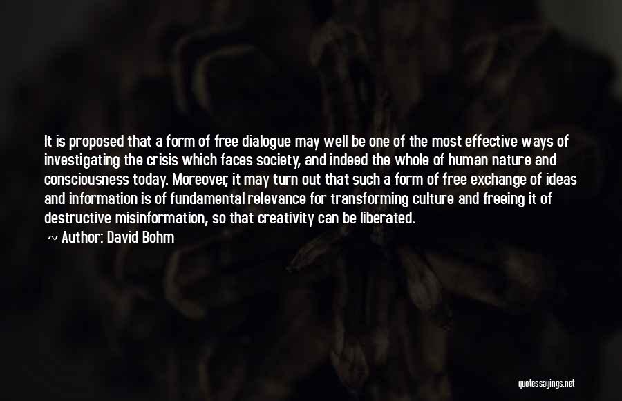 David Bohm Quotes: It Is Proposed That A Form Of Free Dialogue May Well Be One Of The Most Effective Ways Of Investigating