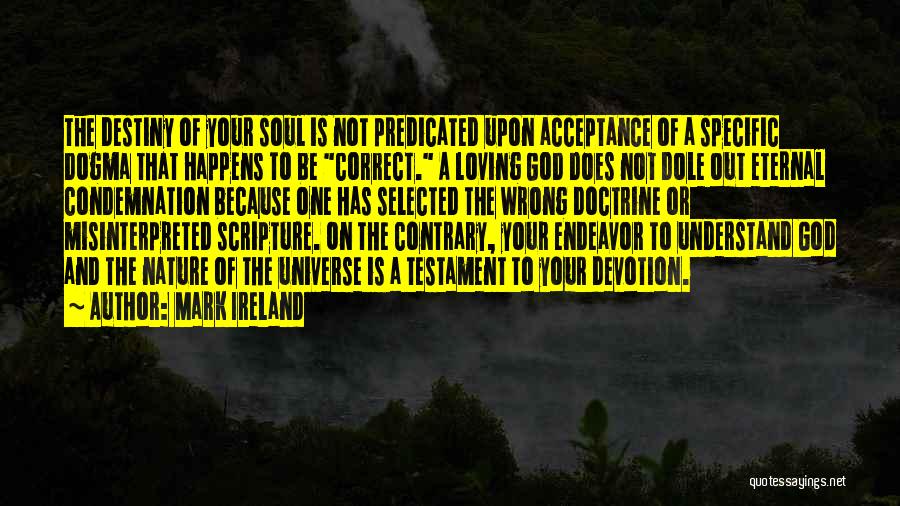 Mark Ireland Quotes: The Destiny Of Your Soul Is Not Predicated Upon Acceptance Of A Specific Dogma That Happens To Be Correct. A