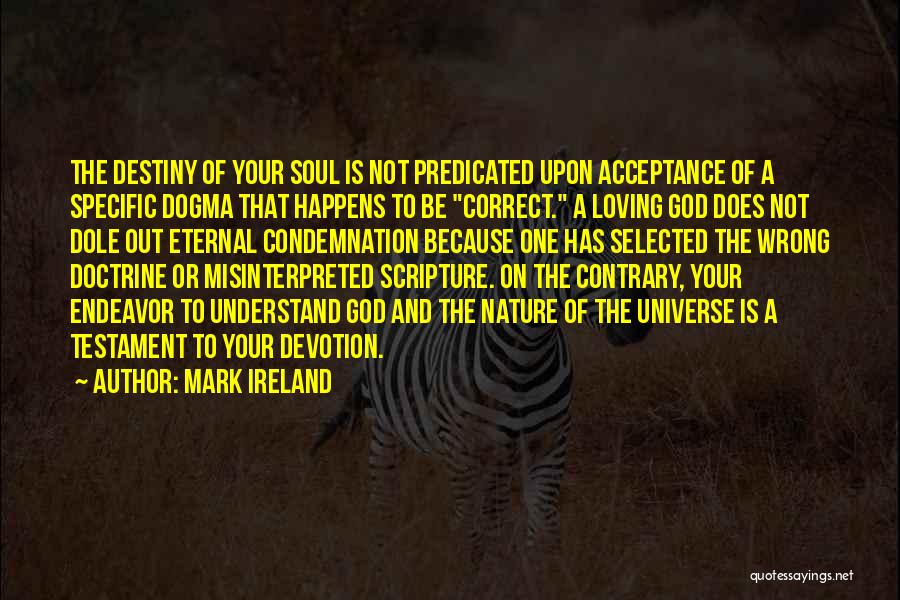 Mark Ireland Quotes: The Destiny Of Your Soul Is Not Predicated Upon Acceptance Of A Specific Dogma That Happens To Be Correct. A