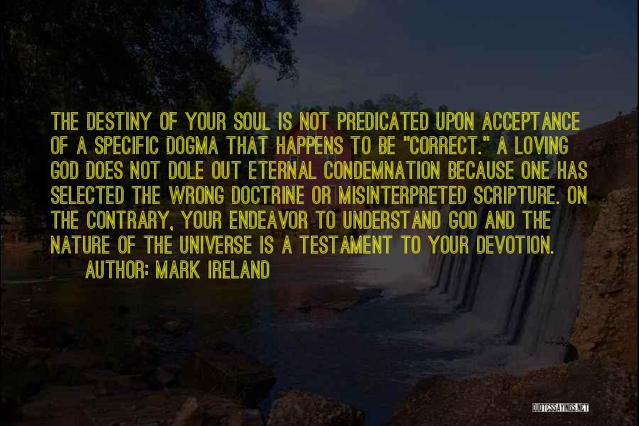 Mark Ireland Quotes: The Destiny Of Your Soul Is Not Predicated Upon Acceptance Of A Specific Dogma That Happens To Be Correct. A