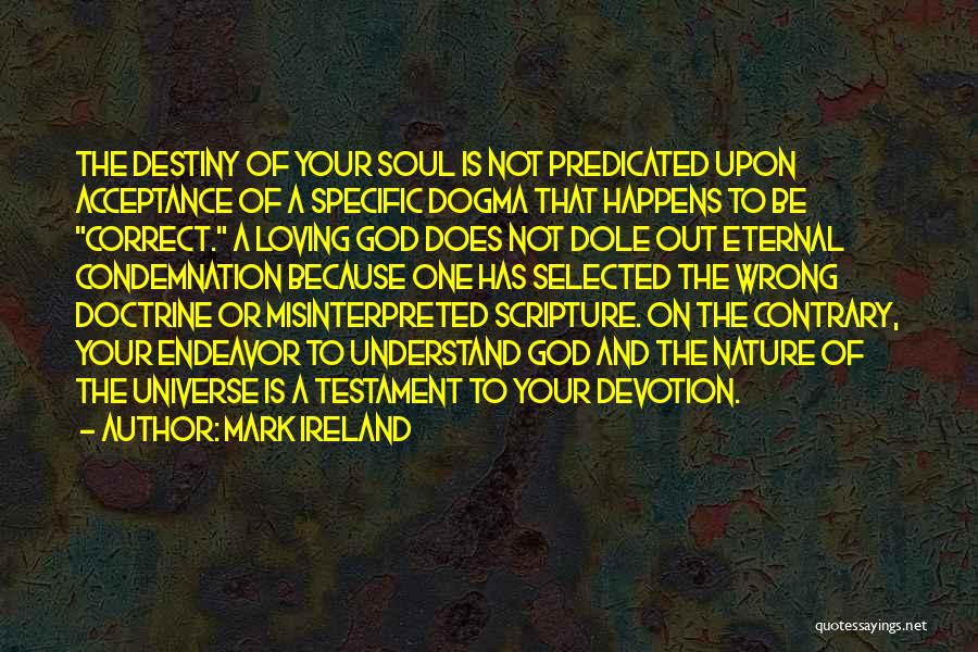 Mark Ireland Quotes: The Destiny Of Your Soul Is Not Predicated Upon Acceptance Of A Specific Dogma That Happens To Be Correct. A