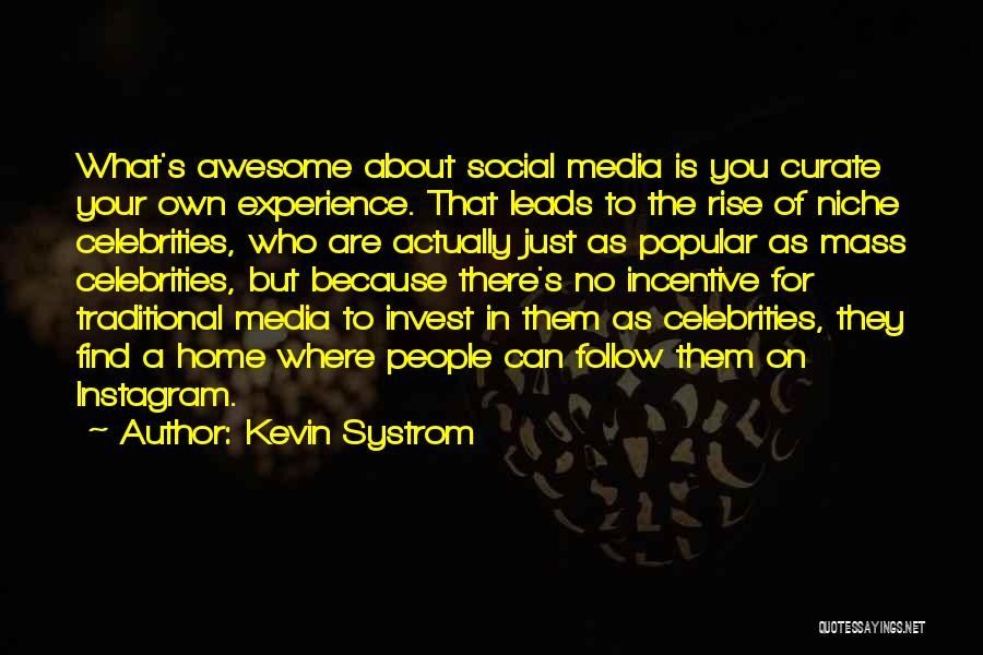 Kevin Systrom Quotes: What's Awesome About Social Media Is You Curate Your Own Experience. That Leads To The Rise Of Niche Celebrities, Who