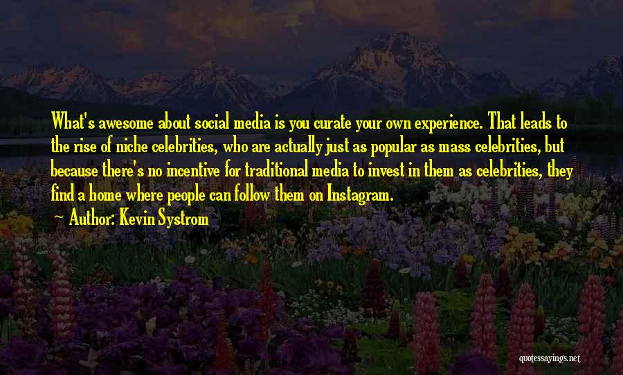Kevin Systrom Quotes: What's Awesome About Social Media Is You Curate Your Own Experience. That Leads To The Rise Of Niche Celebrities, Who