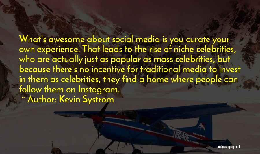 Kevin Systrom Quotes: What's Awesome About Social Media Is You Curate Your Own Experience. That Leads To The Rise Of Niche Celebrities, Who