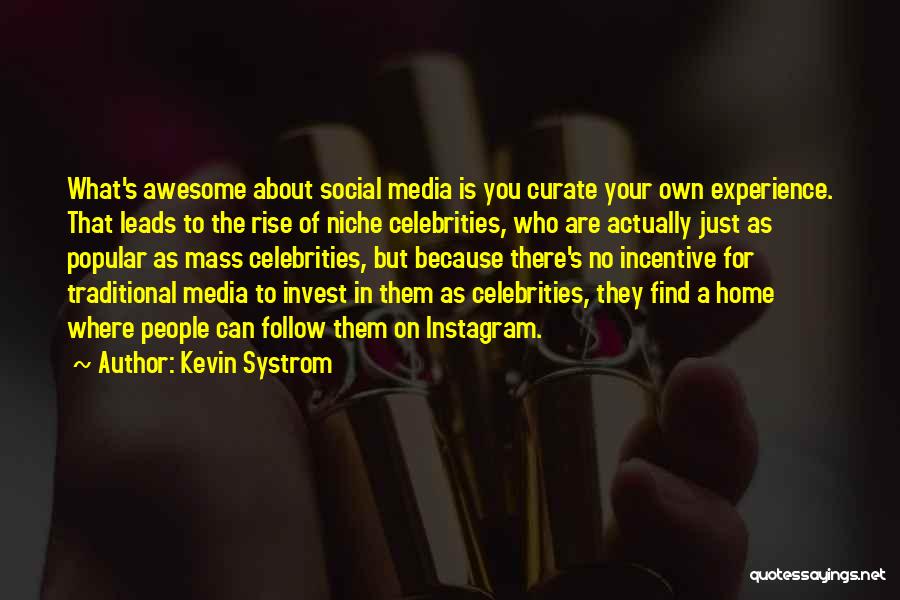 Kevin Systrom Quotes: What's Awesome About Social Media Is You Curate Your Own Experience. That Leads To The Rise Of Niche Celebrities, Who