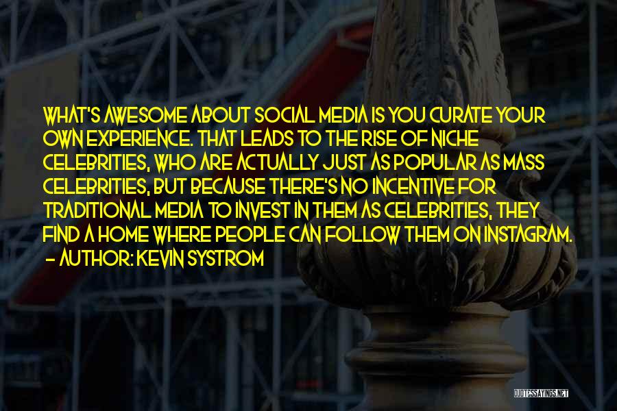 Kevin Systrom Quotes: What's Awesome About Social Media Is You Curate Your Own Experience. That Leads To The Rise Of Niche Celebrities, Who