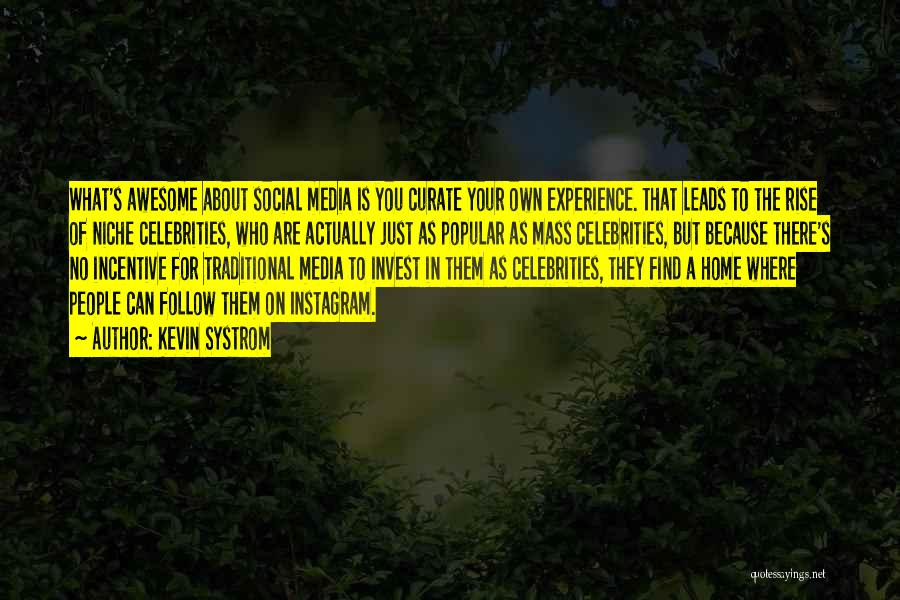 Kevin Systrom Quotes: What's Awesome About Social Media Is You Curate Your Own Experience. That Leads To The Rise Of Niche Celebrities, Who