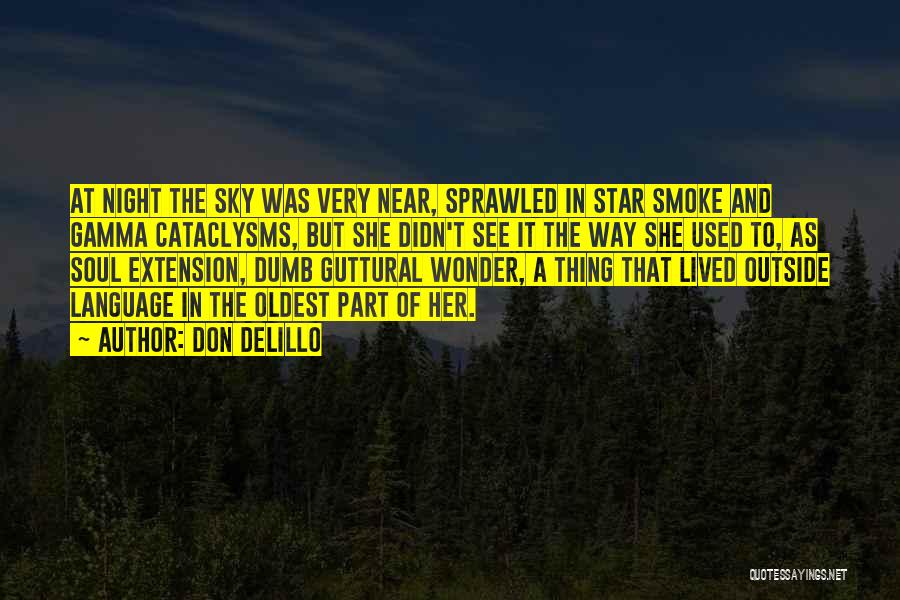 Don DeLillo Quotes: At Night The Sky Was Very Near, Sprawled In Star Smoke And Gamma Cataclysms, But She Didn't See It The