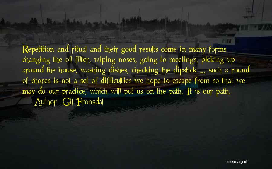 Gil Fronsdal Quotes: Repetition And Ritual And Their Good Results Come In Many Forms: Changing The Oil Filter, Wiping Noses, Going To Meetings,