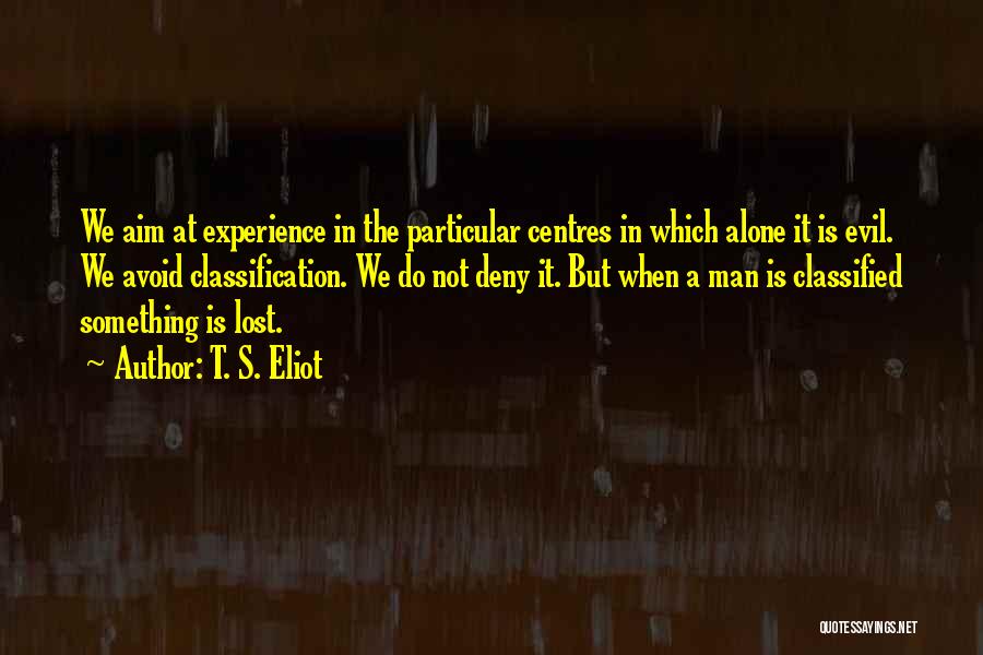 T. S. Eliot Quotes: We Aim At Experience In The Particular Centres In Which Alone It Is Evil. We Avoid Classification. We Do Not