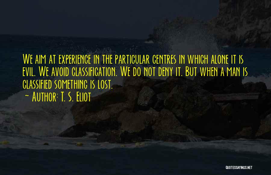 T. S. Eliot Quotes: We Aim At Experience In The Particular Centres In Which Alone It Is Evil. We Avoid Classification. We Do Not