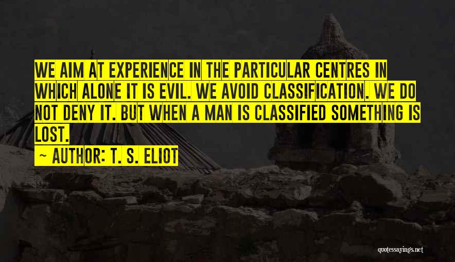 T. S. Eliot Quotes: We Aim At Experience In The Particular Centres In Which Alone It Is Evil. We Avoid Classification. We Do Not