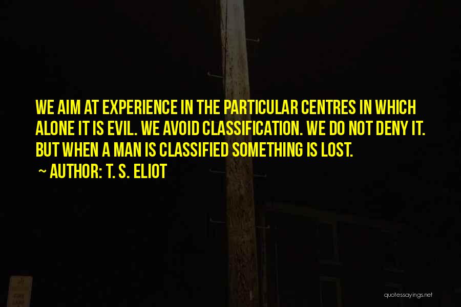 T. S. Eliot Quotes: We Aim At Experience In The Particular Centres In Which Alone It Is Evil. We Avoid Classification. We Do Not