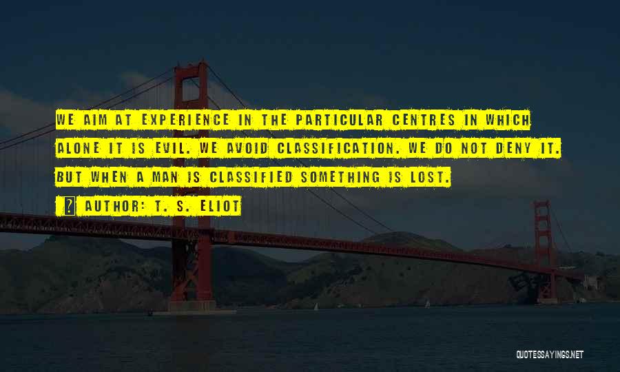 T. S. Eliot Quotes: We Aim At Experience In The Particular Centres In Which Alone It Is Evil. We Avoid Classification. We Do Not