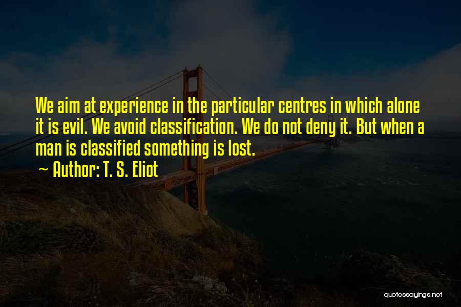 T. S. Eliot Quotes: We Aim At Experience In The Particular Centres In Which Alone It Is Evil. We Avoid Classification. We Do Not