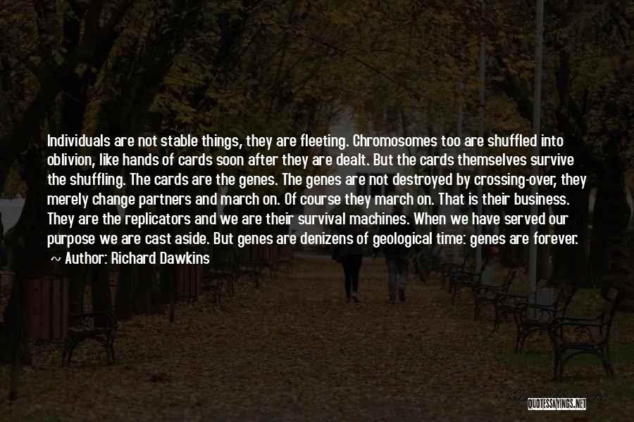 Richard Dawkins Quotes: Individuals Are Not Stable Things, They Are Fleeting. Chromosomes Too Are Shuffled Into Oblivion, Like Hands Of Cards Soon After