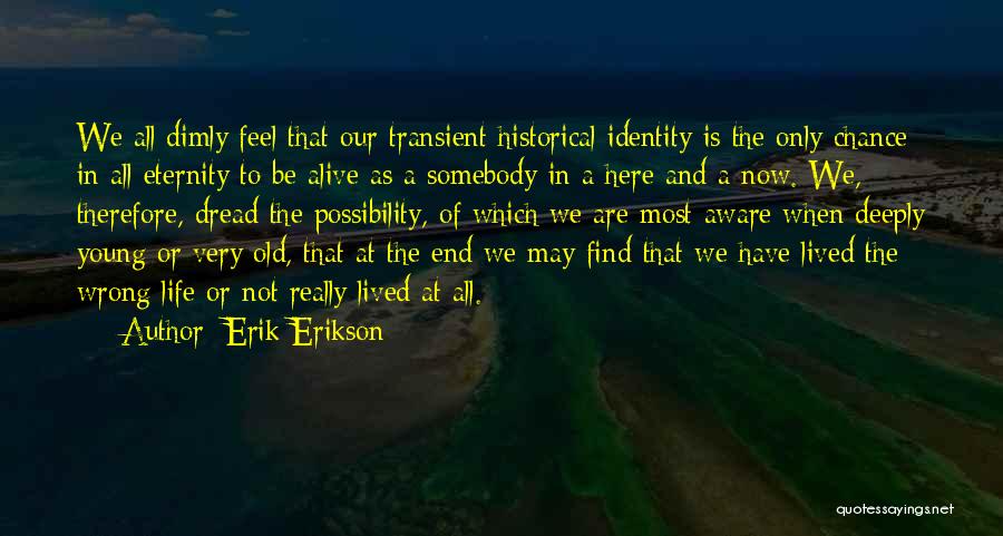 Erik Erikson Quotes: We All Dimly Feel That Our Transient Historical Identity Is The Only Chance In All Eternity To Be Alive As