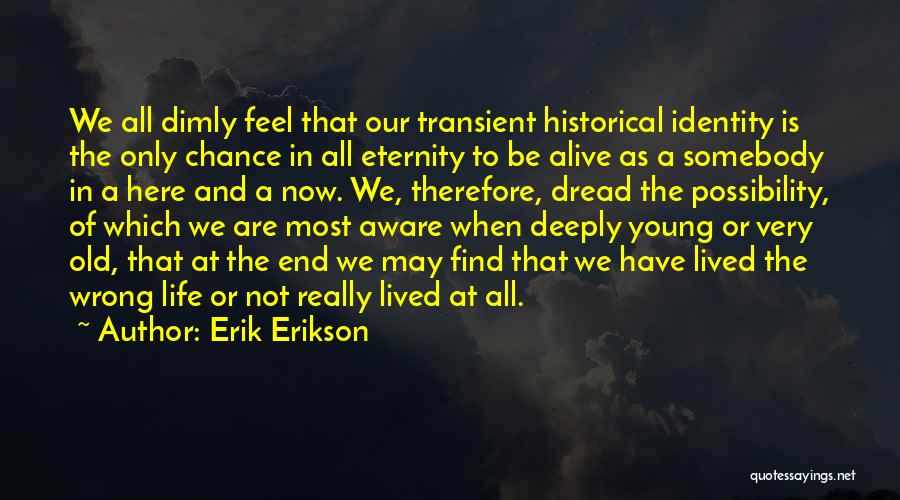Erik Erikson Quotes: We All Dimly Feel That Our Transient Historical Identity Is The Only Chance In All Eternity To Be Alive As