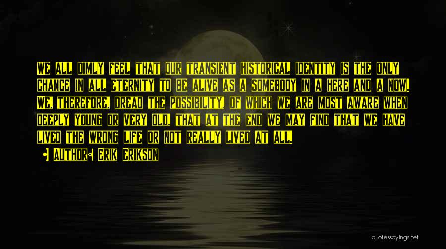 Erik Erikson Quotes: We All Dimly Feel That Our Transient Historical Identity Is The Only Chance In All Eternity To Be Alive As