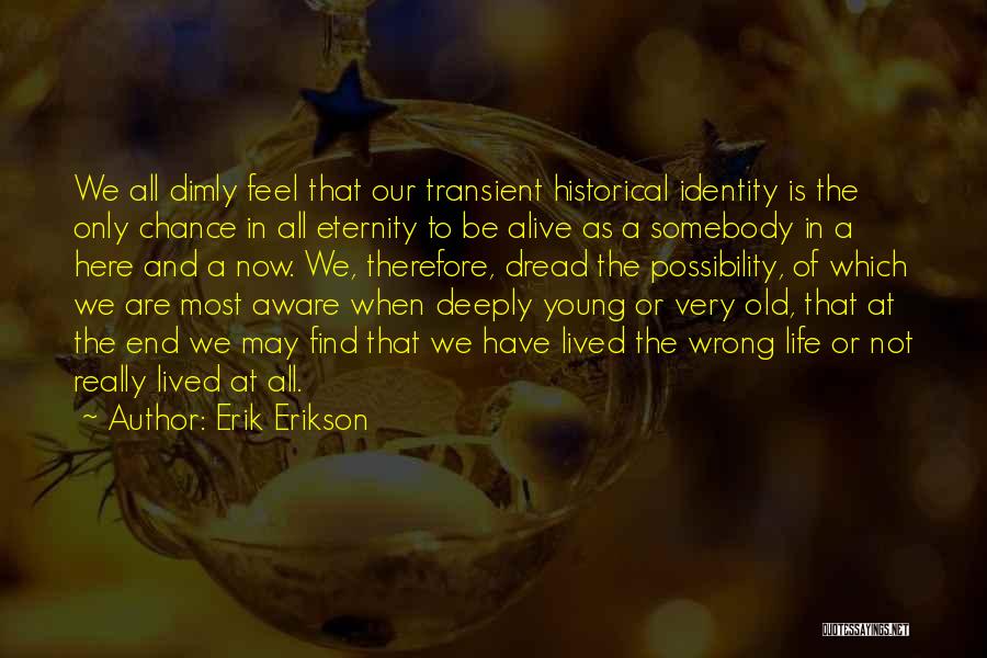 Erik Erikson Quotes: We All Dimly Feel That Our Transient Historical Identity Is The Only Chance In All Eternity To Be Alive As
