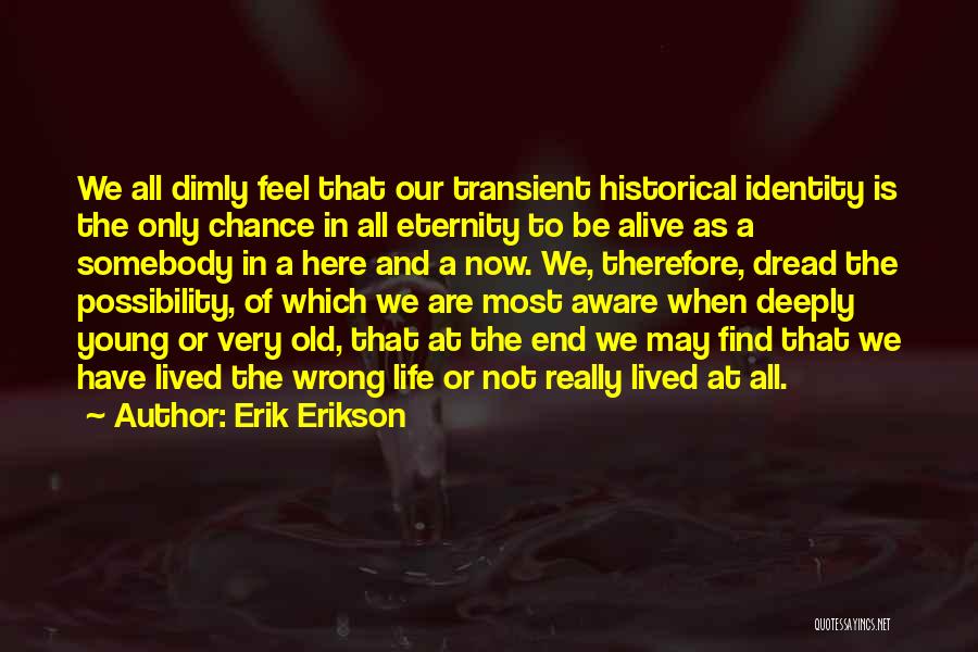 Erik Erikson Quotes: We All Dimly Feel That Our Transient Historical Identity Is The Only Chance In All Eternity To Be Alive As