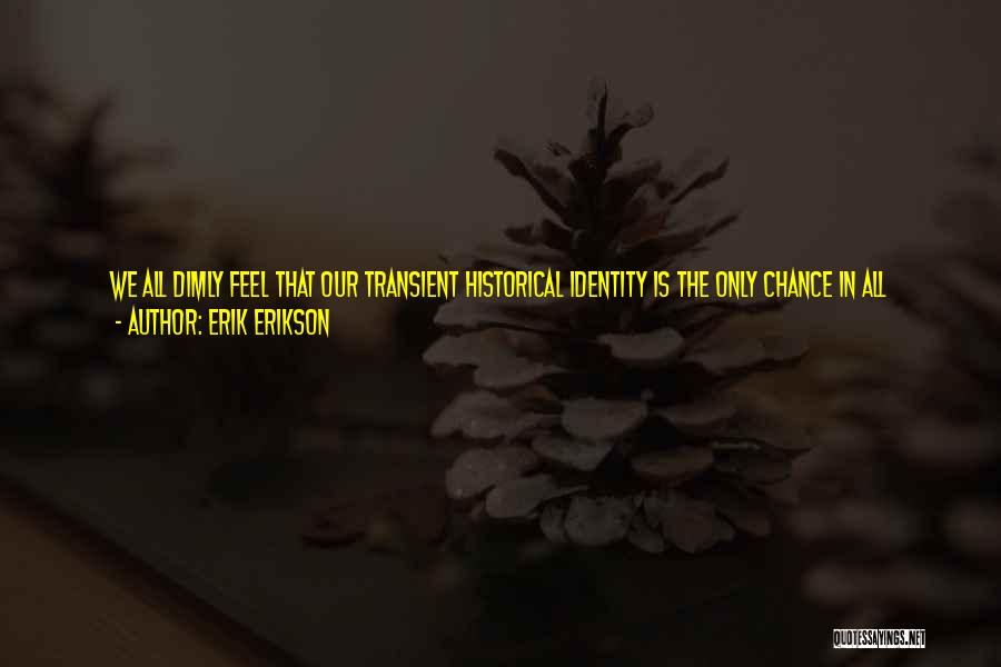 Erik Erikson Quotes: We All Dimly Feel That Our Transient Historical Identity Is The Only Chance In All Eternity To Be Alive As