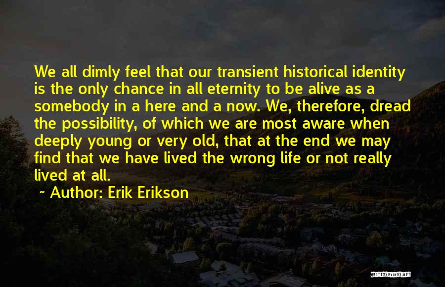 Erik Erikson Quotes: We All Dimly Feel That Our Transient Historical Identity Is The Only Chance In All Eternity To Be Alive As