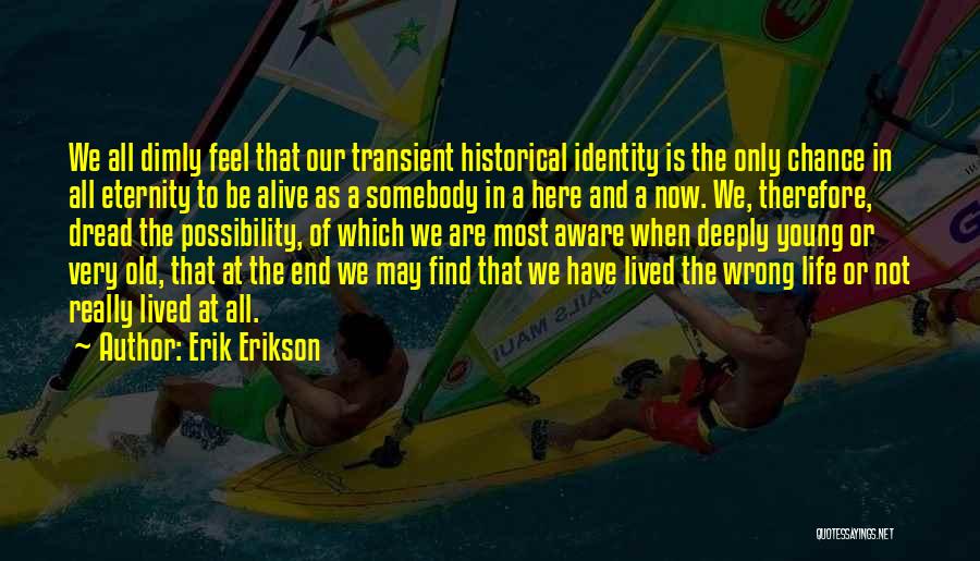 Erik Erikson Quotes: We All Dimly Feel That Our Transient Historical Identity Is The Only Chance In All Eternity To Be Alive As