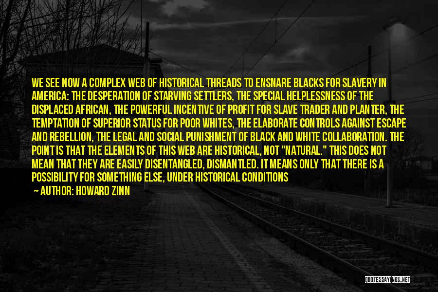 Howard Zinn Quotes: We See Now A Complex Web Of Historical Threads To Ensnare Blacks For Slavery In America: The Desperation Of Starving