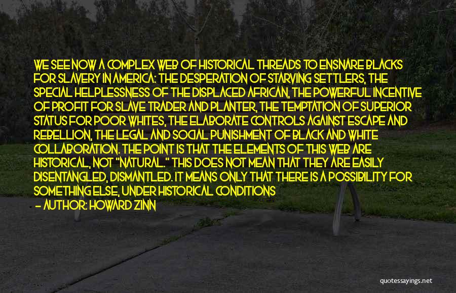 Howard Zinn Quotes: We See Now A Complex Web Of Historical Threads To Ensnare Blacks For Slavery In America: The Desperation Of Starving