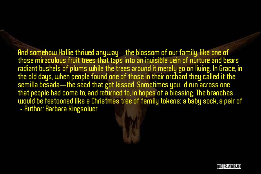 Barbara Kingsolver Quotes: And Somehow Hallie Thrived Anyway--the Blossom Of Our Family, Like One Of Those Miraculous Fruit Trees That Taps Into An