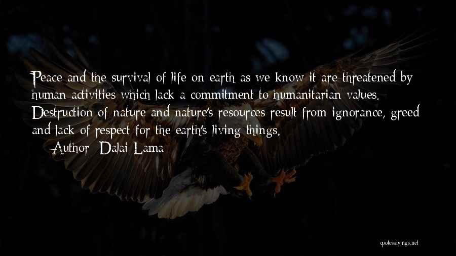 Dalai Lama Quotes: Peace And The Survival Of Life On Earth As We Know It Are Threatened By Human Activities Which Lack A