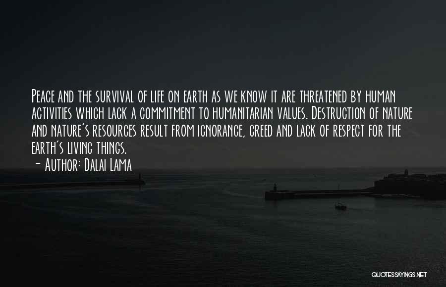 Dalai Lama Quotes: Peace And The Survival Of Life On Earth As We Know It Are Threatened By Human Activities Which Lack A