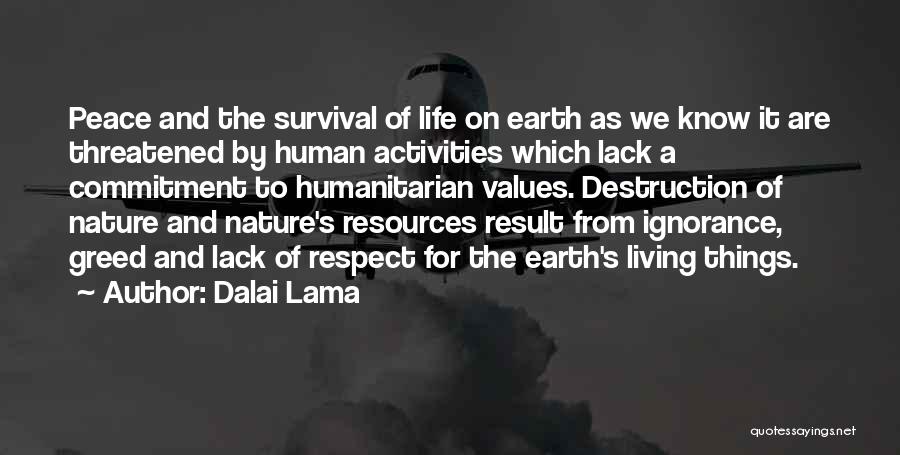 Dalai Lama Quotes: Peace And The Survival Of Life On Earth As We Know It Are Threatened By Human Activities Which Lack A