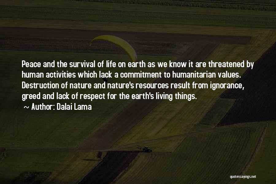 Dalai Lama Quotes: Peace And The Survival Of Life On Earth As We Know It Are Threatened By Human Activities Which Lack A