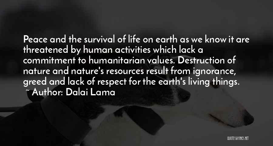 Dalai Lama Quotes: Peace And The Survival Of Life On Earth As We Know It Are Threatened By Human Activities Which Lack A