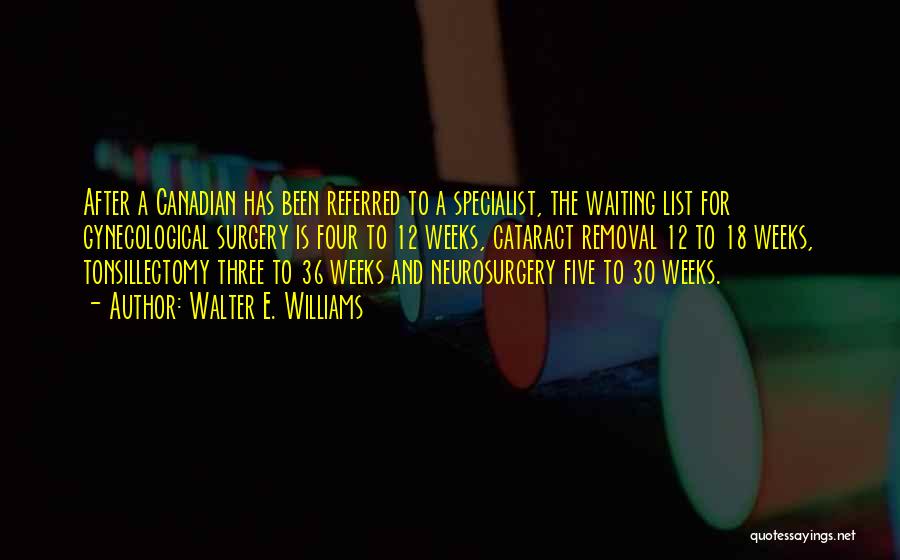 Walter E. Williams Quotes: After A Canadian Has Been Referred To A Specialist, The Waiting List For Gynecological Surgery Is Four To 12 Weeks,