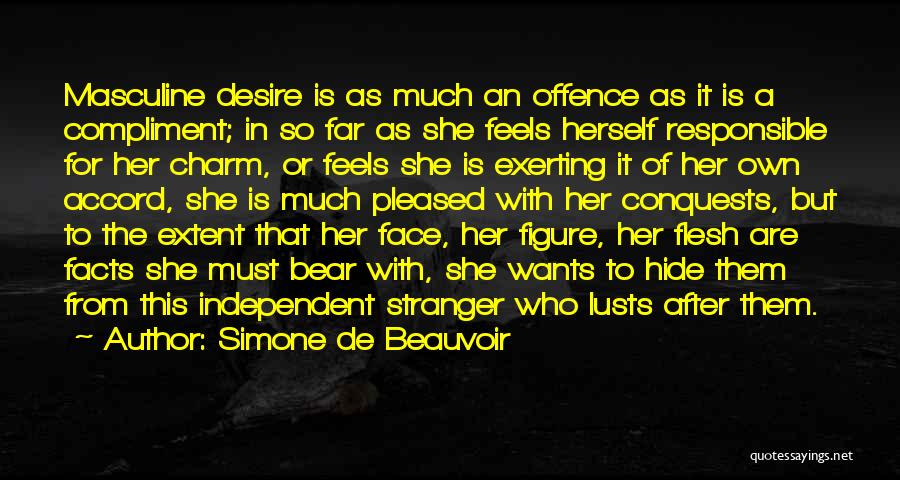 Simone De Beauvoir Quotes: Masculine Desire Is As Much An Offence As It Is A Compliment; In So Far As She Feels Herself Responsible