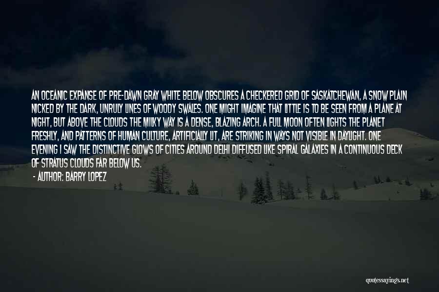 Barry Lopez Quotes: An Oceanic Expanse Of Pre-dawn Gray White Below Obscures A Checkered Grid Of Saskatchewan, A Snow Plain Nicked By The