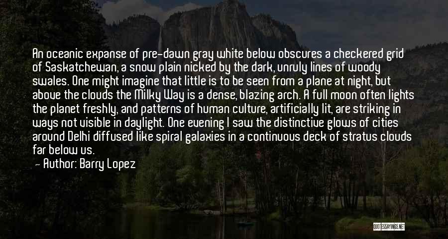 Barry Lopez Quotes: An Oceanic Expanse Of Pre-dawn Gray White Below Obscures A Checkered Grid Of Saskatchewan, A Snow Plain Nicked By The