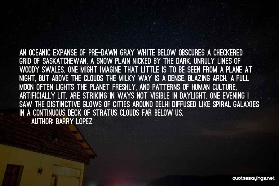 Barry Lopez Quotes: An Oceanic Expanse Of Pre-dawn Gray White Below Obscures A Checkered Grid Of Saskatchewan, A Snow Plain Nicked By The